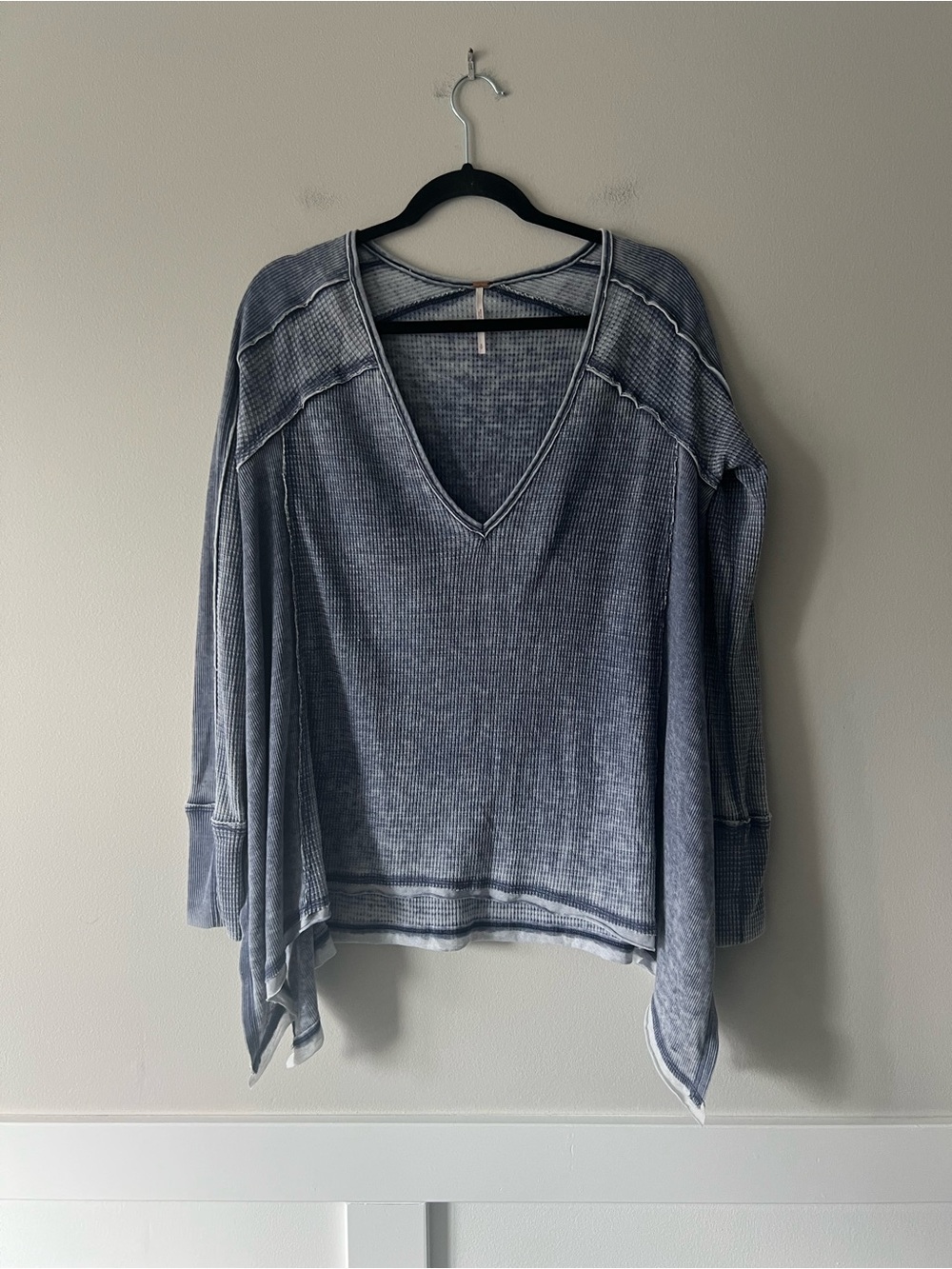 Free People Size Small Blue Washed Thermal Waffle Knit Asymmetrical V Neck Top